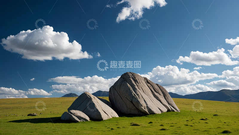 高清大图下载【趣麦麦图】草原上的巨石与蓝天白云景观