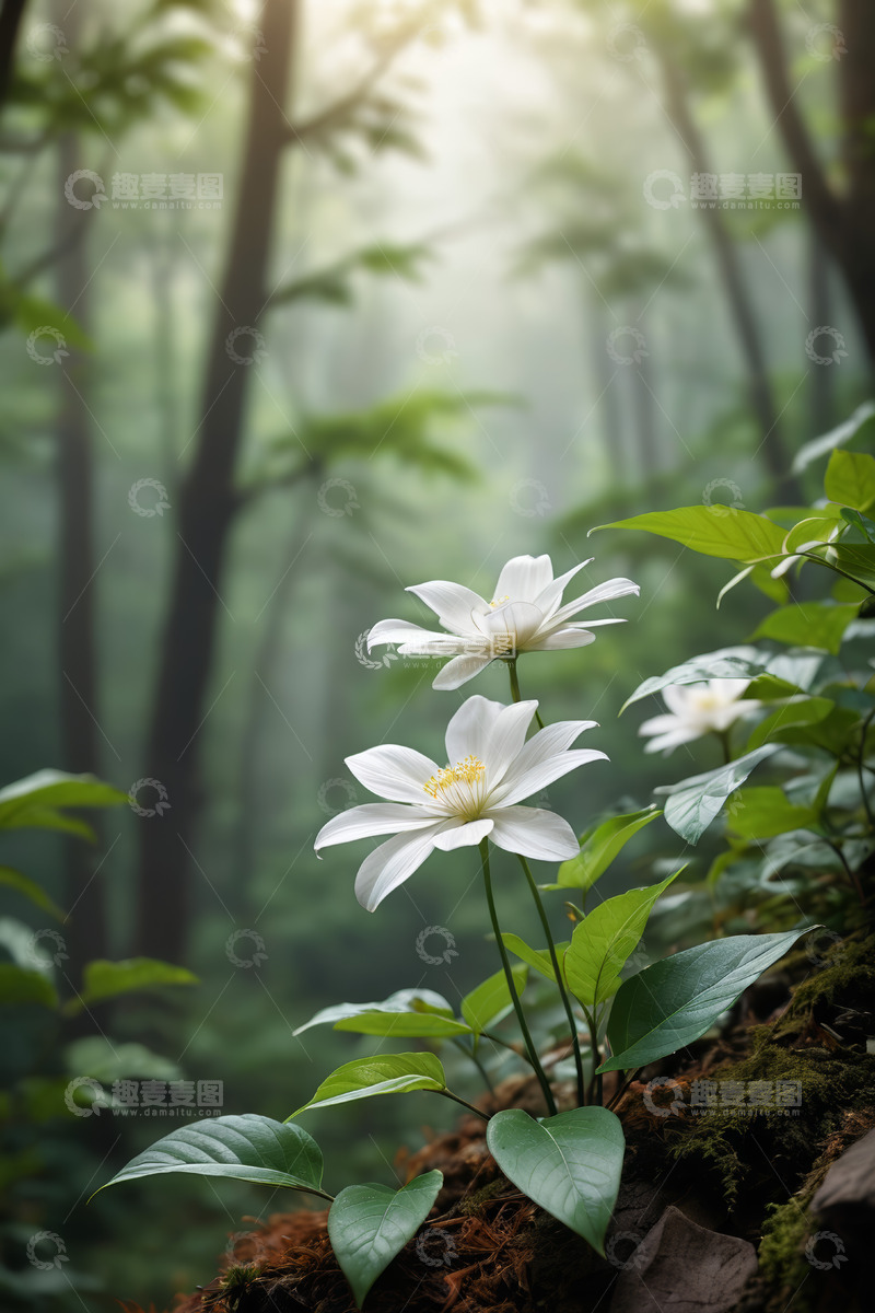 高清大图下载【趣麦麦图】森林中绽放的白色花朵
