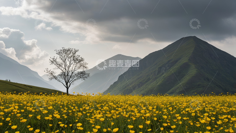 高清大图下载【趣麦麦图】山间黄花草地与孤树风景