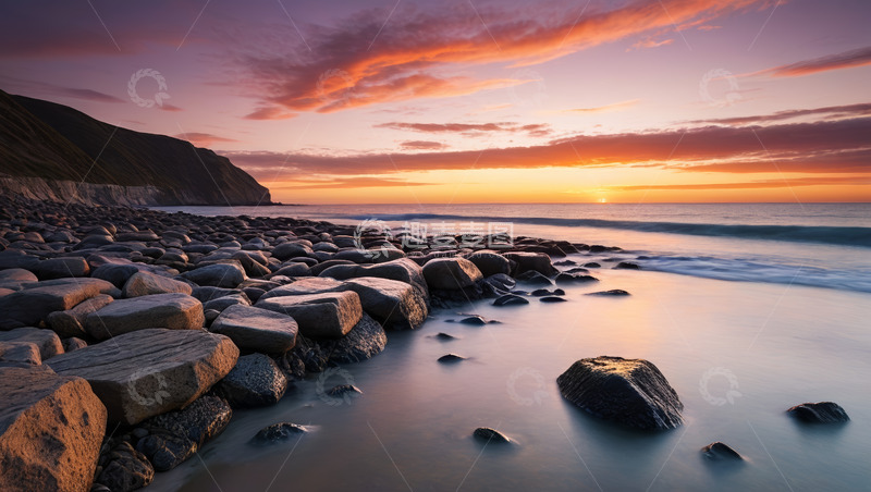 高清大图下载【趣麦麦图】海滩日落时分岩石海岸风景