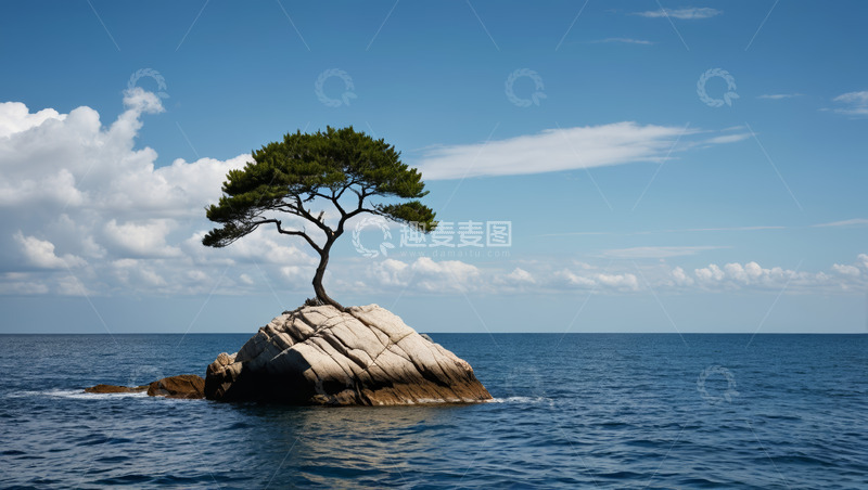 高清大图下载【趣麦麦图】海上孤石上的松树风景