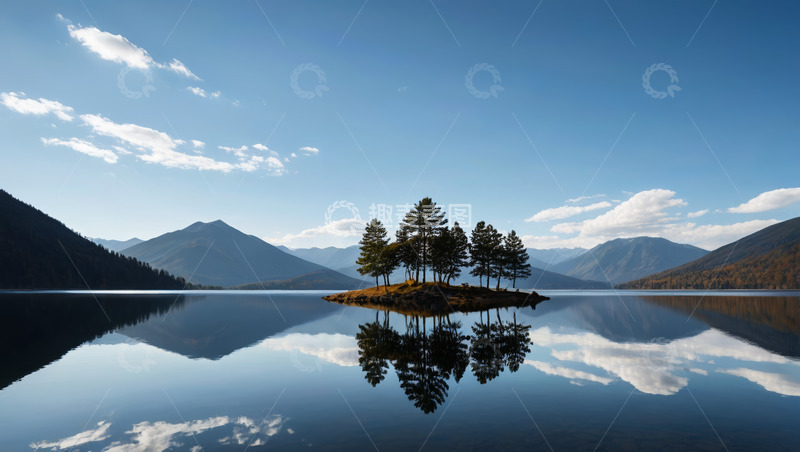 高清大图下载【趣麦麦图】宁静湖泊中的树木岛屿风光