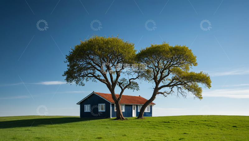 高清大图下载【趣麦麦图】草原上蓝顶小屋与树木