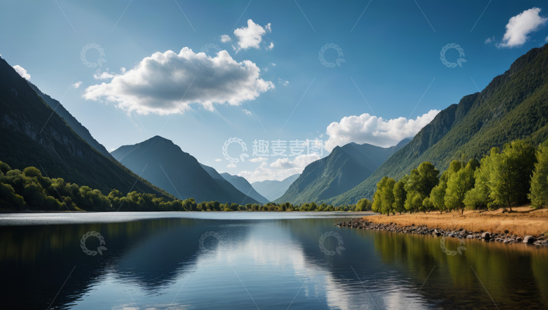 高清大图下载【趣麦麦图】蓝天白云下的山水湖泊风光