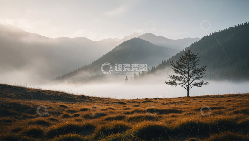 高清大图下载【趣麦麦图】山间晨雾中的孤树风景