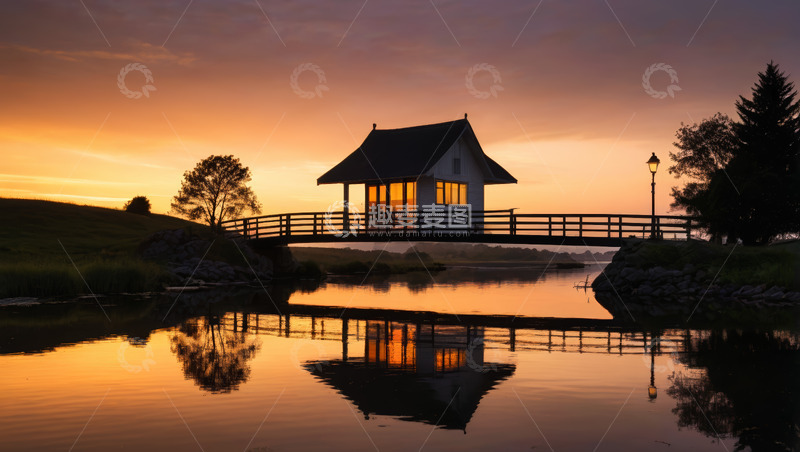高清大图下载【趣麦麦图】湖畔小屋黄昏景色