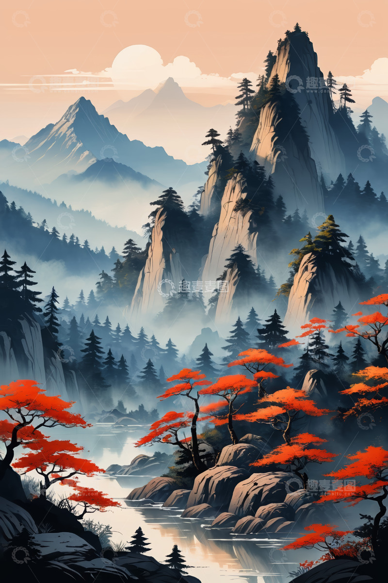 高清大图下载【趣麦麦图】山林间夕阳下的山水风景