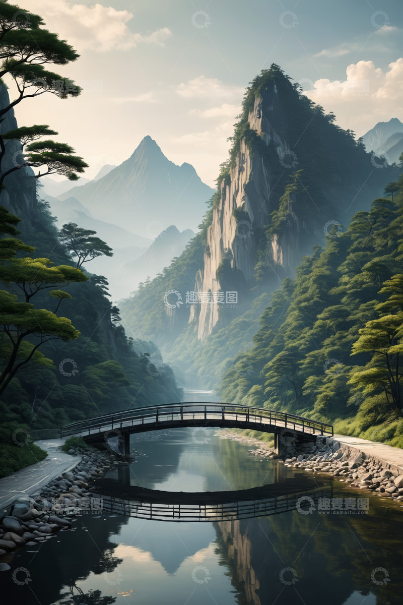 高清大图下载【趣麦麦图】山水间桥梁与森林景观