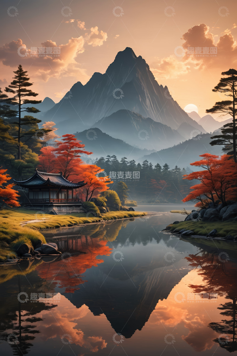 高清大图下载【趣麦麦图】山水间中式亭台日落风光