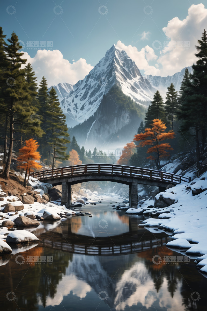 高清大图下载【趣麦麦图】雪山森林中的木桥雪景风光
