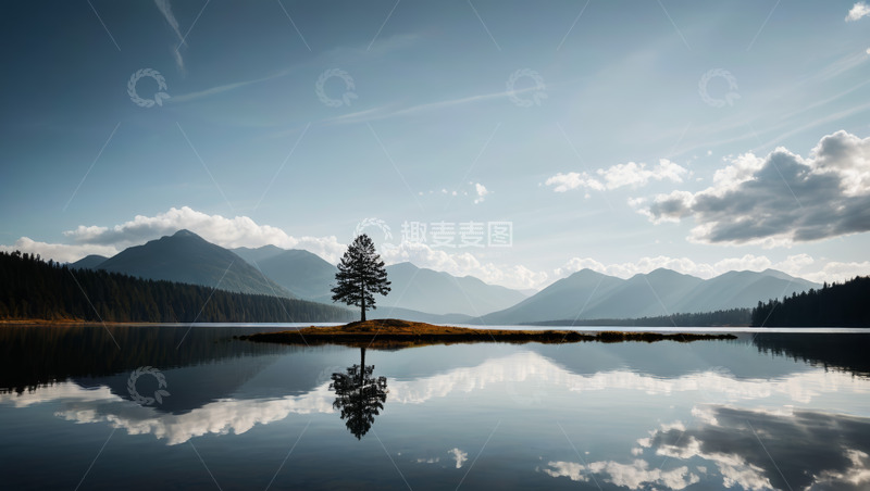 高清大图下载【趣麦麦图】湖中小岛孤树山水风光