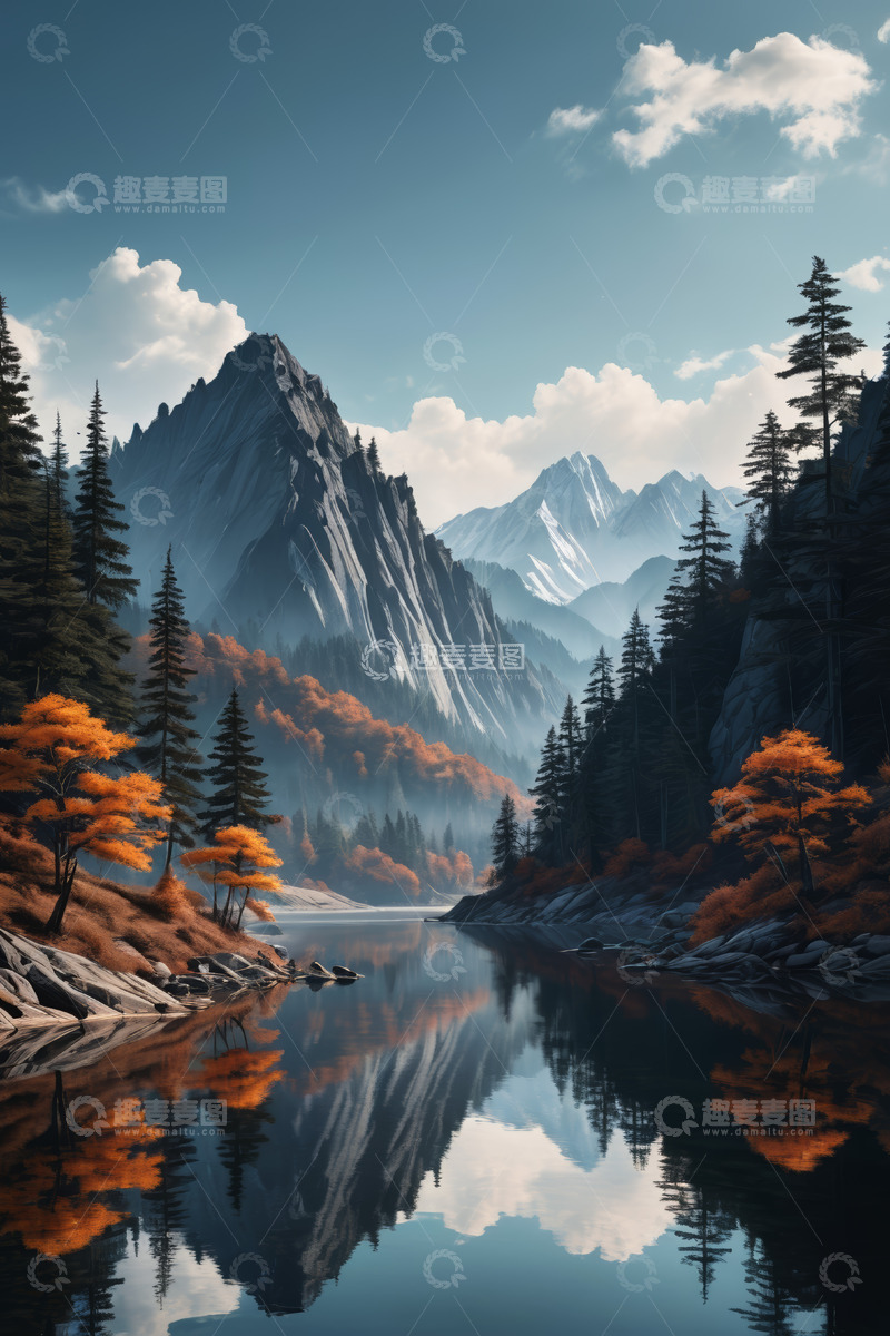 高清大图下载【趣麦麦图】山林湖泊自然风光全景