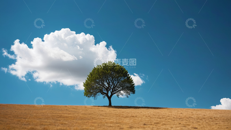 高清大图下载【趣麦麦图】旷野中孤树与蓝天白云景象