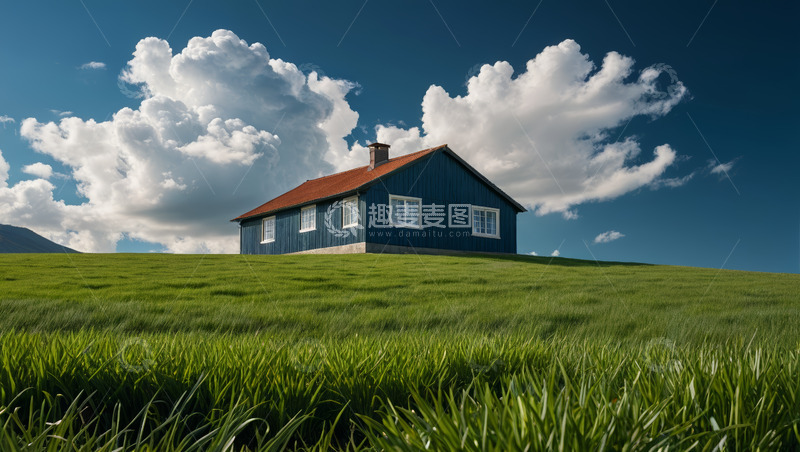 高清大图下载【趣麦麦图】草原上的蓝色小屋