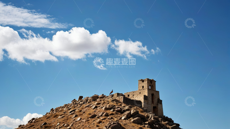 高清大图下载【趣麦麦图】山顶古老建筑与蓝天白云景观