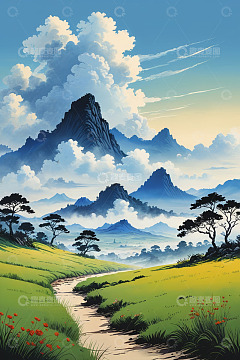 山间草地与蜿蜒小径风景
