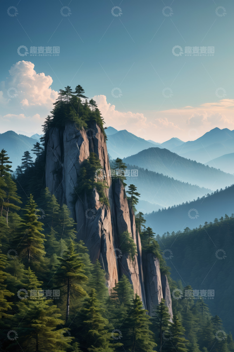 高清大图下载【趣麦麦图】山林间高耸的孤峰与云海