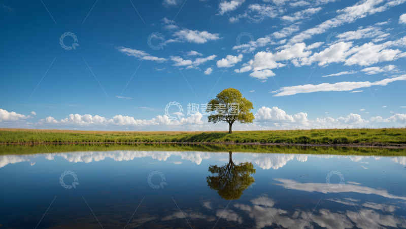 高清大图下载【趣麦麦图】湖畔孤树与蓝天白云风景