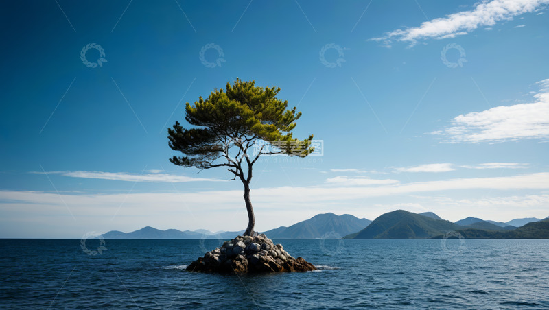 高清大图下载【趣麦麦图】海面上孤树与远山风景