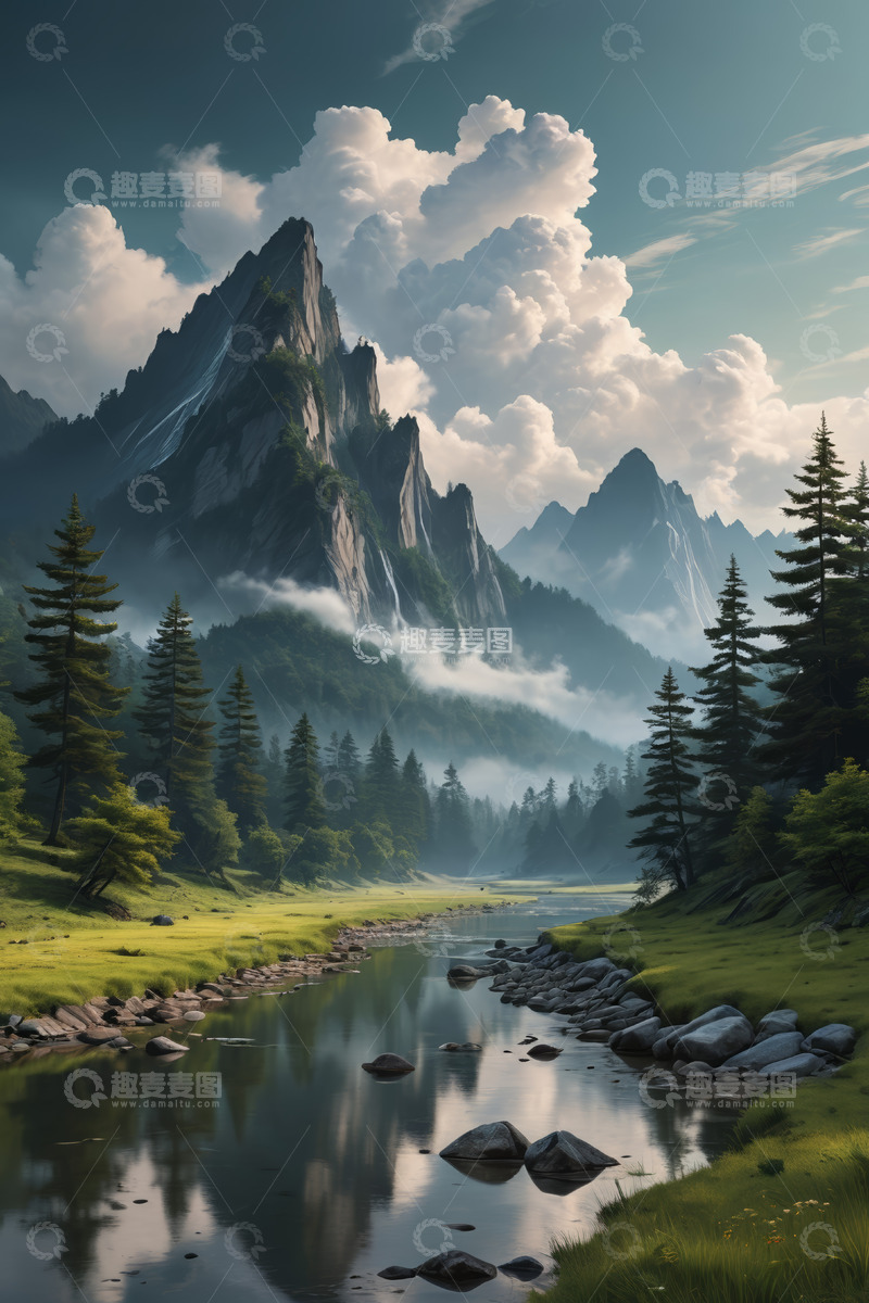 高清大图下载【趣麦麦图】山间河流与森林自然风景