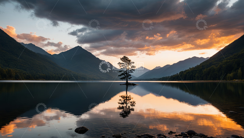 高清大图下载【趣麦麦图】湖畔孤树与山景日落风光