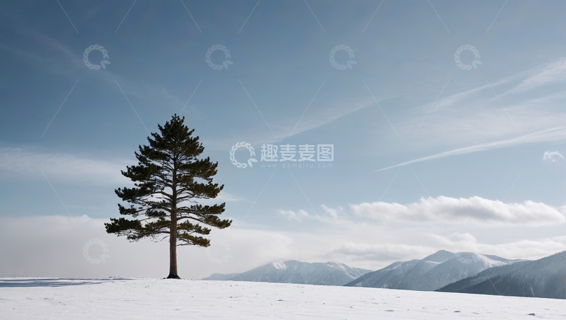 高清大图下载【趣麦麦图】雪地上孤立的松树与远山
