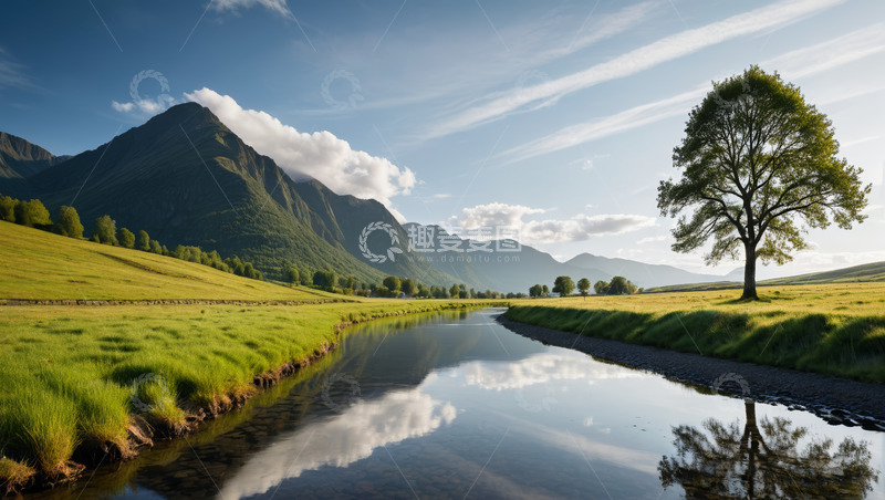 高清大图下载【趣麦麦图】山间草地河流自然风光