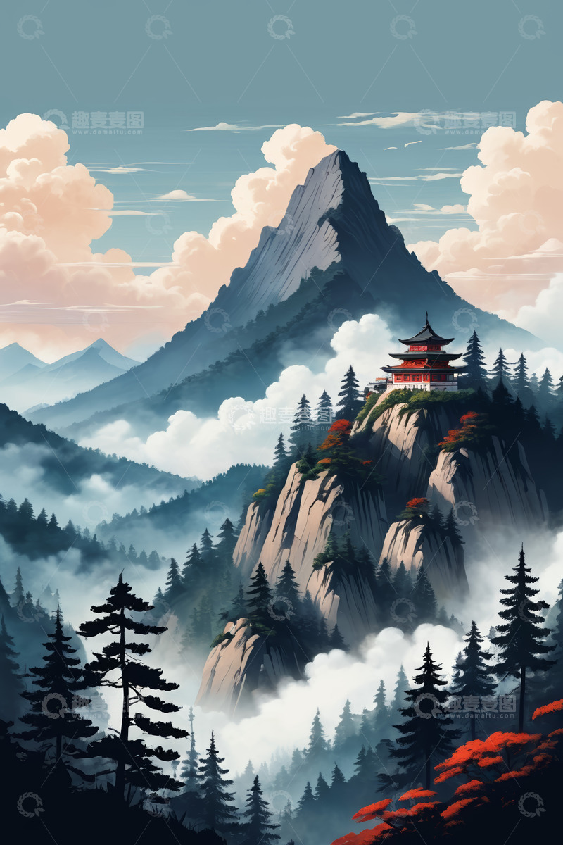 高清大图下载【趣麦麦图】古风山峰景观与山顶楼阁