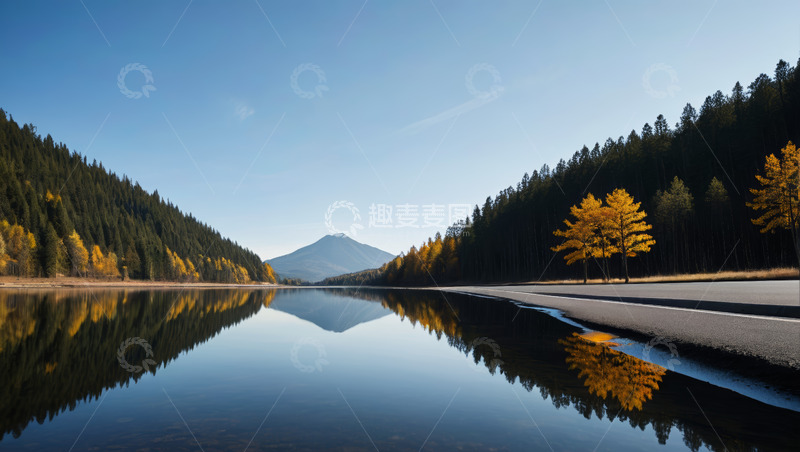 高清大图下载【趣麦麦图】山林间湖泊公路秋日风景