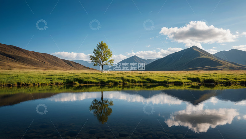 高清大图下载【趣麦麦图】草原湖泊边的孤树与远山景观
