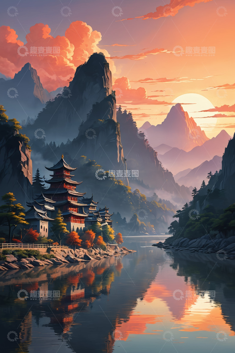 高清大图下载【趣麦麦图】中式山水古建筑黄昏景致