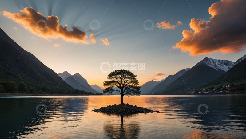 高清大图下载【趣麦麦图】湖畔孤树与山水日落景观