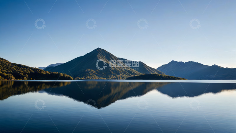 高清大图下载【趣麦麦图】平静湖面与远处山峦风景