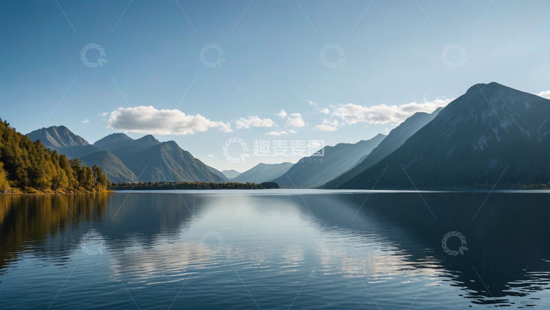 高清大图下载【趣麦麦图】宁静湖面与远处山峦风景