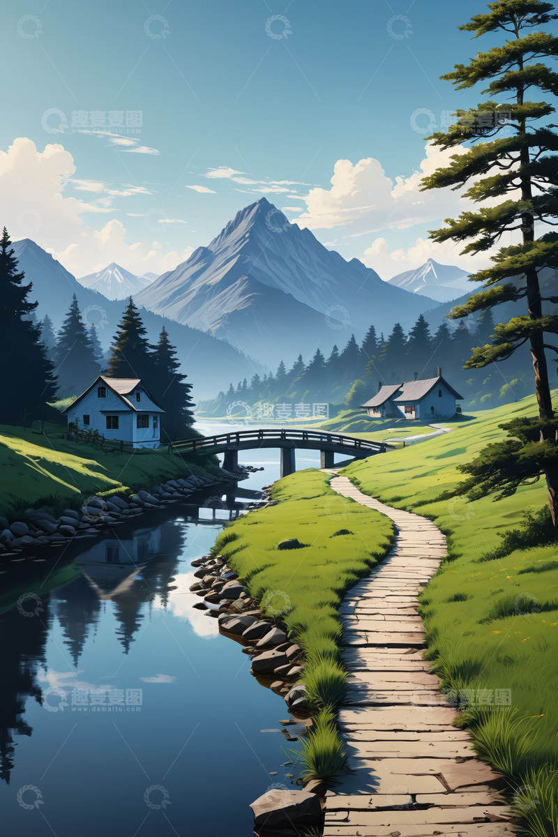 高清大图下载【趣麦麦图】山间河畔小屋风景