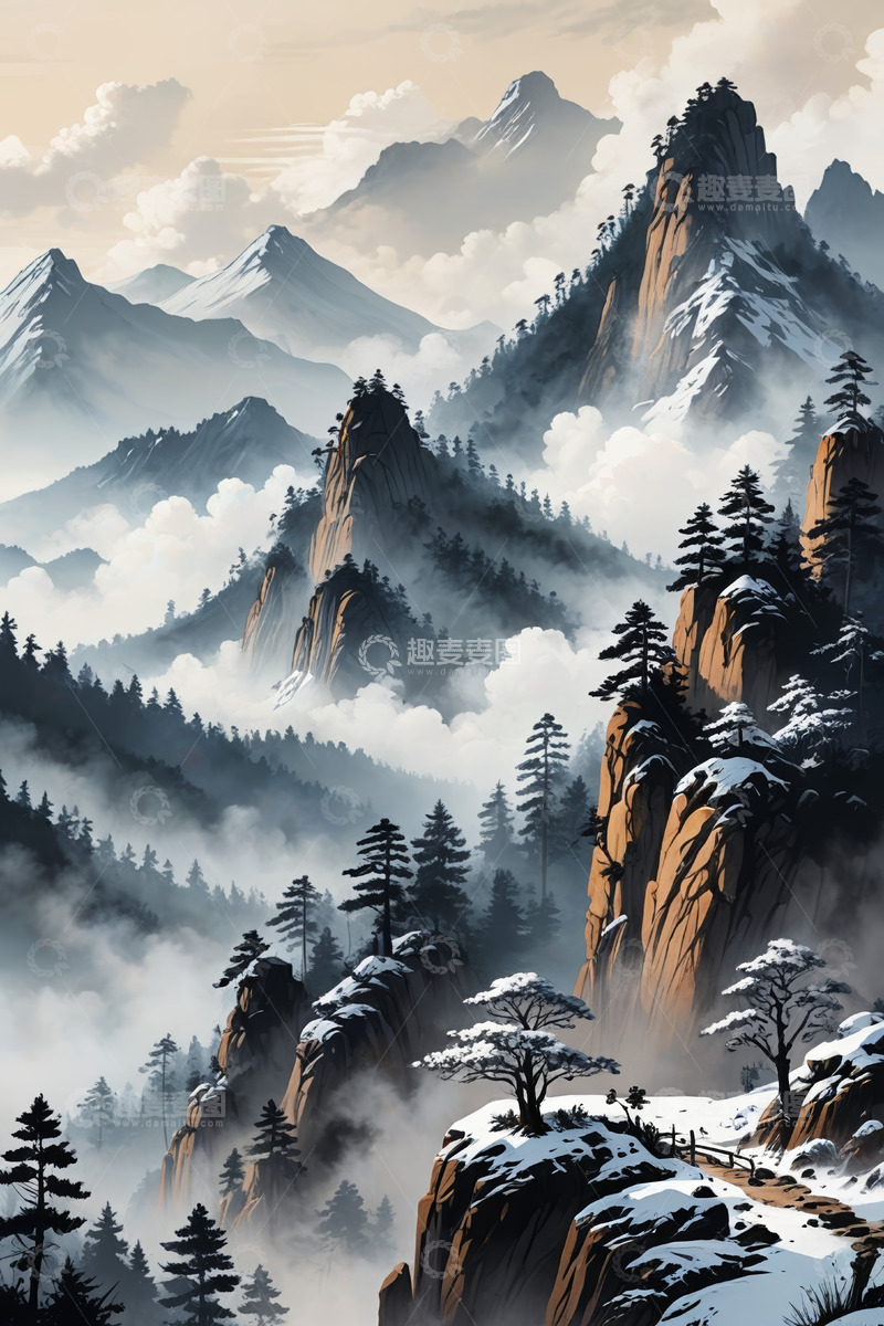 高清大图下载【趣麦麦图】云雾缭绕的雪山与松林景观