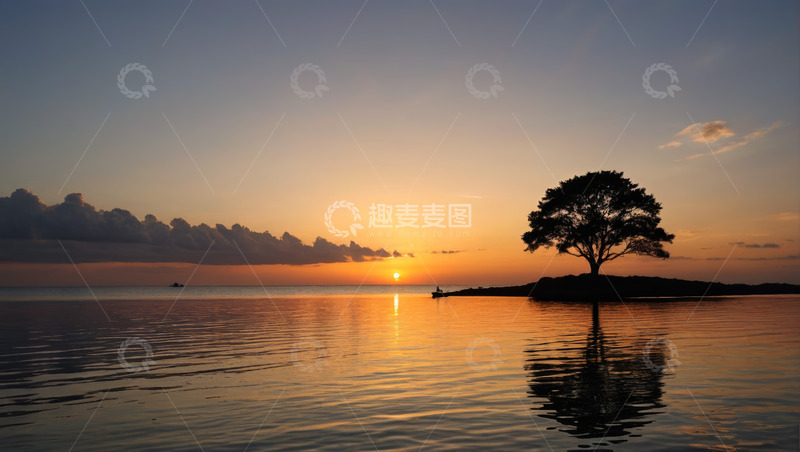 高清大图下载【趣麦麦图】湖畔日落孤树倒影风景