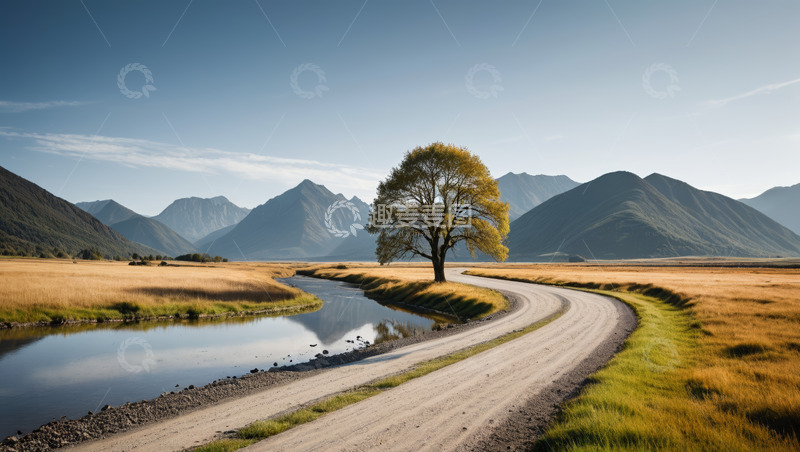 高清大图下载【趣麦麦图】旷野中蜿蜒小路旁的孤树风景