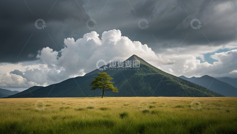 高清大图下载【趣麦麦图】草原上孤树与远山的自然景观