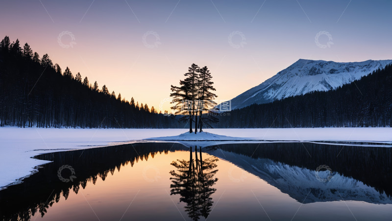 高清大图下载【趣麦麦图】雪后山林湖泊黄昏倒影