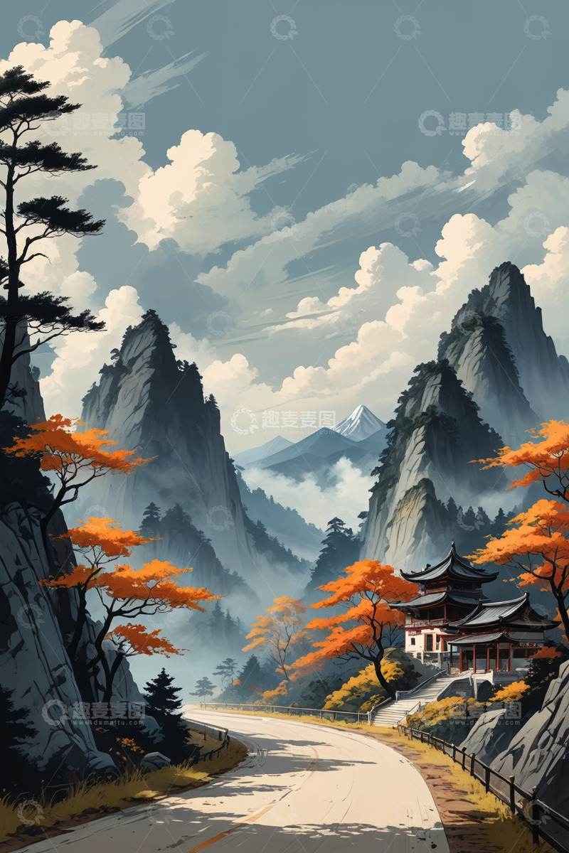 高清大图下载【趣麦麦图】山间古建秋景风光