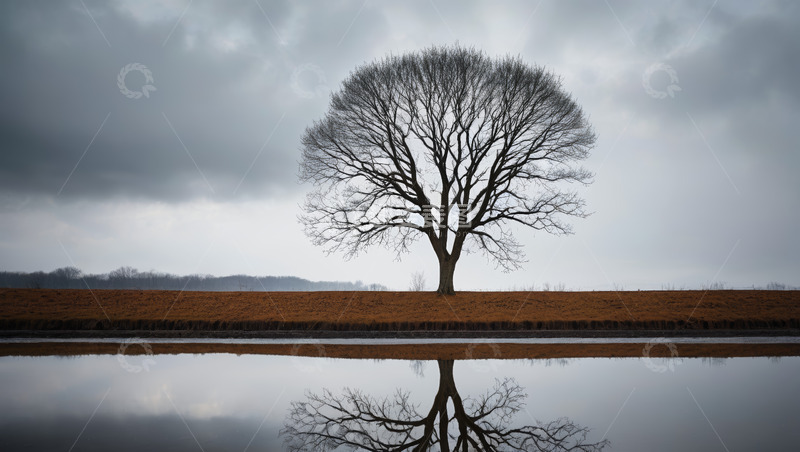 高清大图下载【趣麦麦图】旷野中孤树立于水边倒影景象