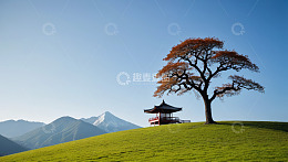 山丘上红树、亭子与远山景观