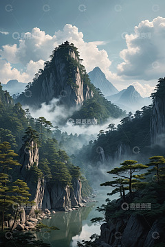 云雾缭绕的山水自然景观