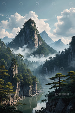 云雾缭绕的山水自然景观