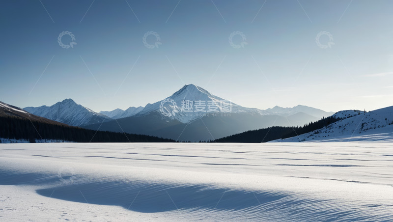 高清大图下载【趣麦麦图】雪山下的雪地与森林景观