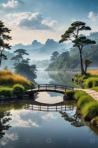 山水间木桥自然风光