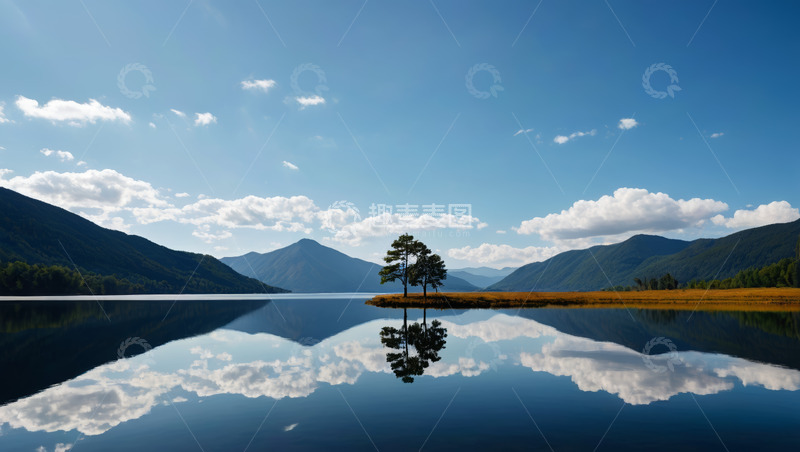 高清大图下载【趣麦麦图】山水间平静湖面与孤树景观