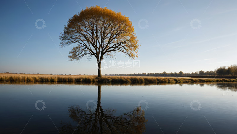高清大图下载【趣麦麦图】水边孤树与自然倒影景象