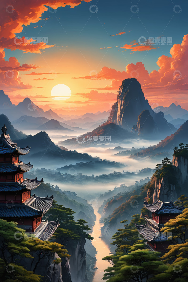 高清大图下载【趣麦麦图】古风山水间的楼阁日出景象